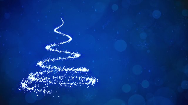 Christmas tree light particles on blue background with snowflakes falling