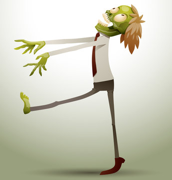 Vector new office zombie walks. Image zombie green color with brown hair in a white shirt, gray trousers and brown tie walks on a gray background.