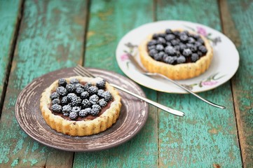 Two yummy homemade cakes with blackberries and icing sugar on ol