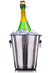 Bottle of champagne in ice bucket