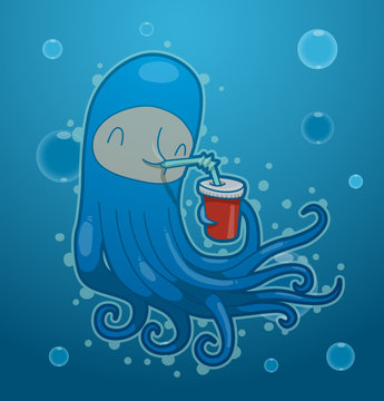 Vector funny blue octopus. Image of funny cartoon octopus of blue color with a drink on blue sea background.