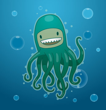 Vector funny green octopus. Image of funny cartoon octopus of green color on blue sea background.