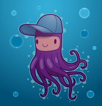 Vector funny purple octopus. Image of funny cartoon octopus of purple color wearing a cap on blue sea background.