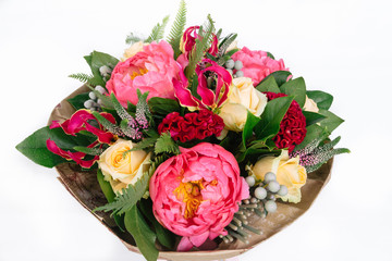 bouquet with roses, peonies, celosia, brunia and veronica