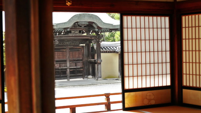 Interior of Japanese temple at Koudai-ji in Kyoto, Japan -tracking pan left shot-
