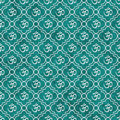 Teal and White Aum Hindu Symbol Tile Pattern Repeat Background