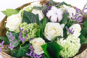 isolated bouquet of roses, hydrangeas and cotton