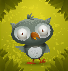 Vector gray funny owl. Image of gray funny cartoon owl on a background of green leaves and grass.