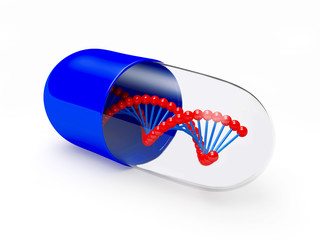 Medical capsule with a DNA molecule structure inside isolated on white background