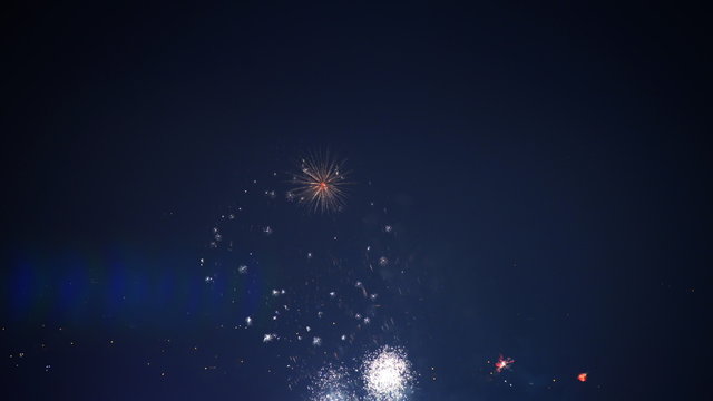 Time lapse footage with tilt down motion of Independence Day fireworks over Dodger Stadium in Los Angeles on 4th of July