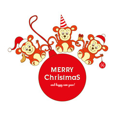 Fototapeta na wymiar Christmas card with three cute monkeys