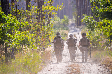 Fototapety  Grupa uzbrojonych żołnierzy na drodze w lesie