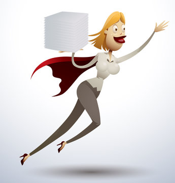Vector super office woman flying. Image of a flying woman with blonde hair dressed in gray trousers, white shirt and red cape on a light background. As a cartoon superhero office. 