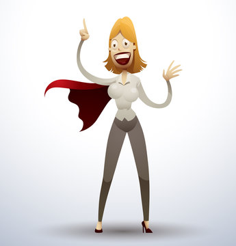 Vector super office woman smiling. Image of a smiling woman with blonde hair dressed in gray trousers, white shirt and red cape on a light background. As a cartoon superhero office. 