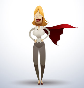 Vector super office woman standing. Image of a standing woman with blonde hair dressed in gray trousers, white shirt and red cape on a light background. As a cartoon superhero office. 