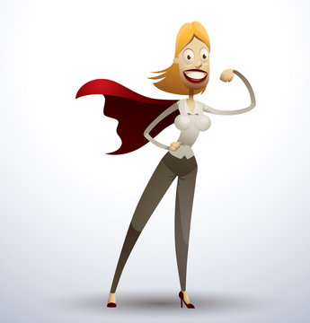 Vector super office woman. Image of a woman with blonde hair dressed in gray trousers, white shirt and red cape on a light background. As a cartoon superhero office. 