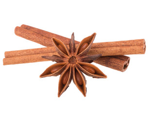 cinnamon stick and star anise spice isolated on white background
