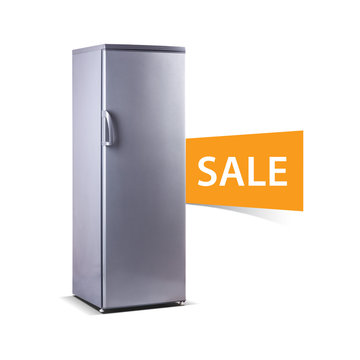 stainless steel big freezer, Sale word, grey metallic, isolated on white