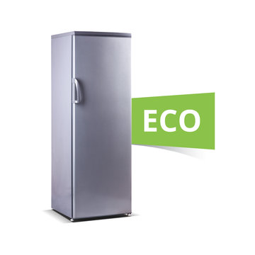 ew, Stainless steel big freezer, ECO word, grey metallic, isolated on white.with fresh food, isolated, ecology, ECO
