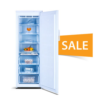 Freezer on white background, open, front view, with fresh food, isolated, ecology, Sale