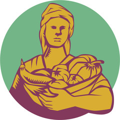 Female Organic Farmer Basket Harvest Circle Woodcut