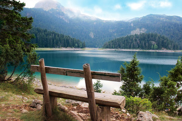 Relax. Rest near lake. Bench near lake. Beautiful mystical lake. Black Lake, Durmitor National Park. Montenegro