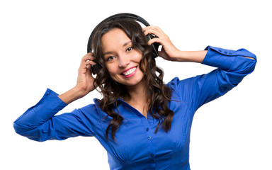 Young Happy Music woman isolated portrait. Female model studio i