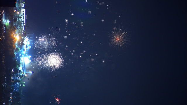 Time lapse footage of Independence Day fireworks over Dodger Stadium in Los Angeles on 4th of July -Vertical Shot-