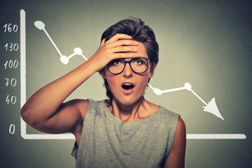 Shocked woman desperate with financial market chart graphic going down