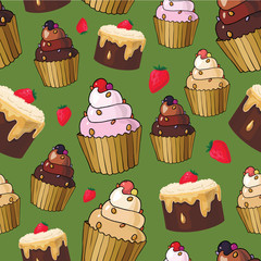 Seamless pattern with cherry cupcakes