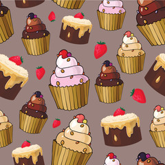 Seamless pattern with cherry cupcakes