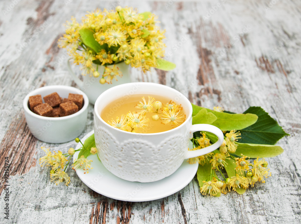 Sticker cup of herbal tea with linden flowers