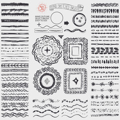 Doodle artistic pattern brushes,wreath,frame.Black