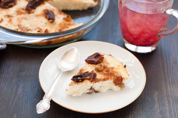 Piece of cottage cheese casserole with raisins