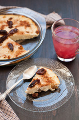 Piece of cottage cheese casserole with raisins