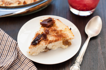 Piece of cottage cheese casserole with raisins