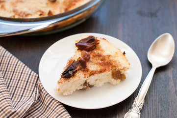 Piece of cottage cheese casserole with raisins