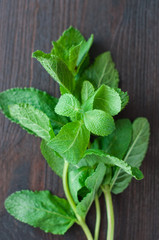 fresh mint leaves on the wooden background