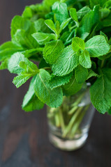 fresh mint leaves on a wooden background