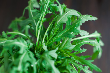 fresh ruccola leaves on the wooden background