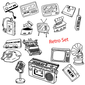 illustration vector doodles hand drawn set of retro-styled objects