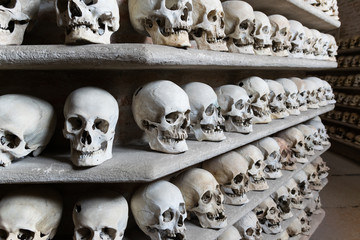 Human skulls inside a catacomb. - 92159129