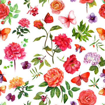 Vintage style seamless pattern with watercolour roses and other plants and butterflies