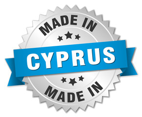 made in Cyprus silver badge with blue ribbon