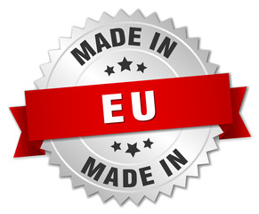 made in eu silver badge with red ribbon