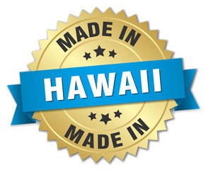 made in Hawaii gold badge with blue ribbon