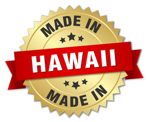 made in Hawaii gold badge with red ribbon