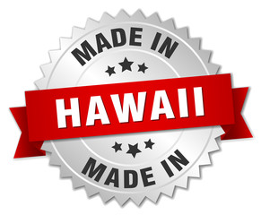 made in Hawaii silver badge with red ribbon