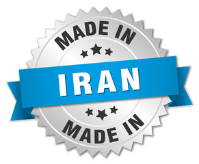 made in Iran silver badge with blue ribbon