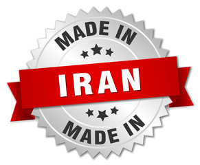 made in Iran silver badge with red ribbon